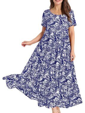 Women's Blue White Crew Neck Classic Short Sleeve Pull On Floral Maxi Dresses